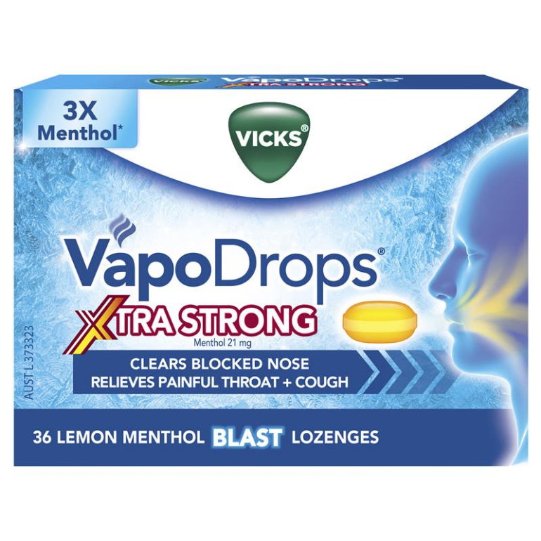 Vicks VapoDrops + Cough Xtra Strong Lemon Menthol Blast 36 Lozenges front image on Livehealthy HK imported from Australia