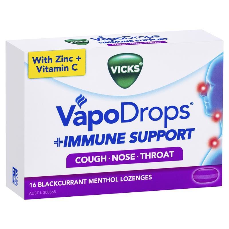 Vicks VapoDrops Immune Support Blackcurrent 16 Lozenges front image on Livehealthy HK imported from Australia