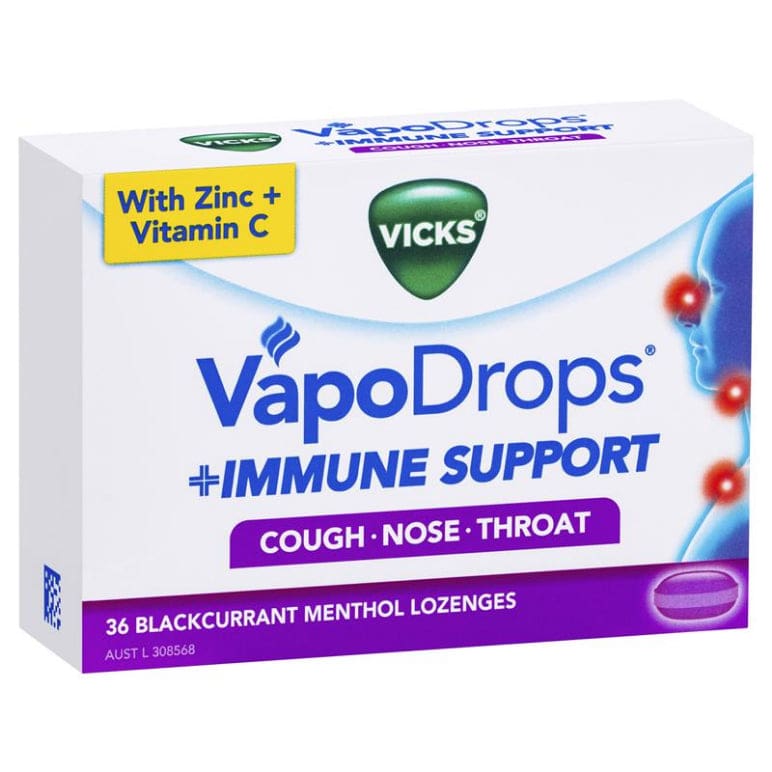 Vicks VapoDrops Immune Support Blackcurrent 36 Lozenges front image on Livehealthy HK imported from Australia