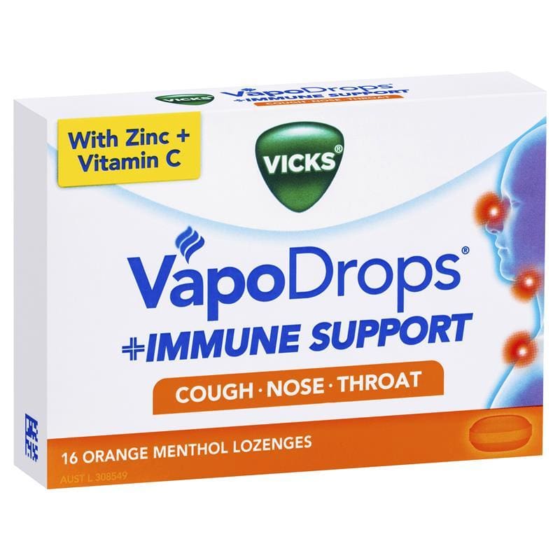 Vicks VapoDrops Immune Support Orange 16 Lozenges front image on Livehealthy HK imported from Australia
