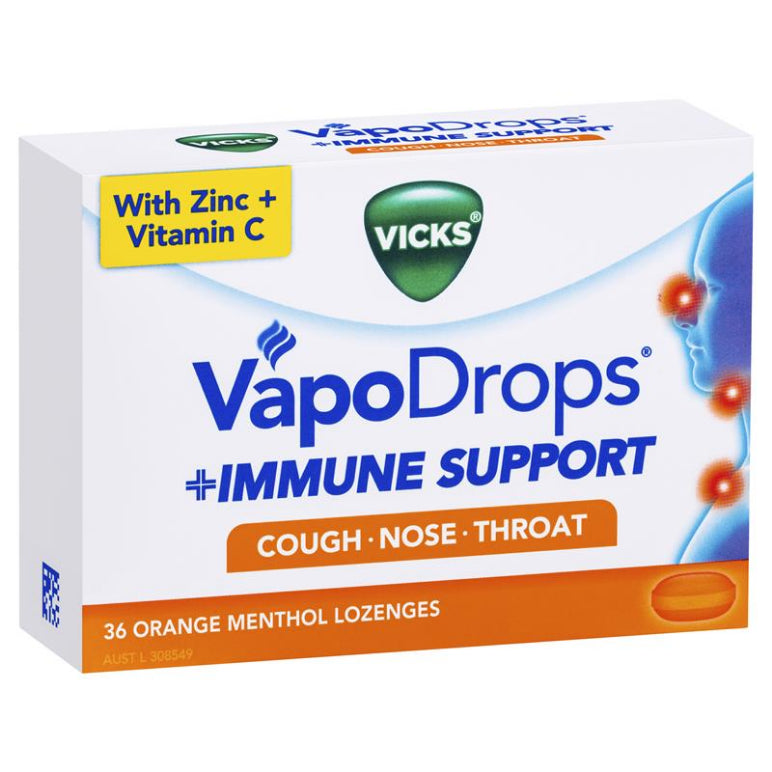 Vicks VapoDrops Immune Support Orange 36 Lozenges front image on Livehealthy HK imported from Australia