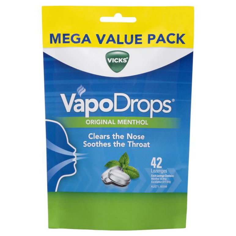 Vicks VapoDrops Original Menthol 42 Lozenges front image on Livehealthy HK imported from Australia