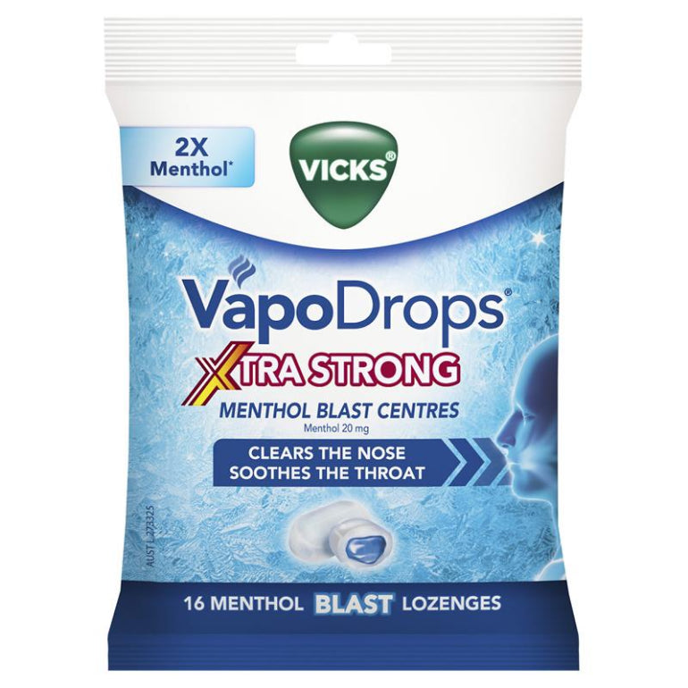 Vicks VapoDrops Xtra Strong Menthol Blast 16 Lozenges front image on Livehealthy HK imported from Australia