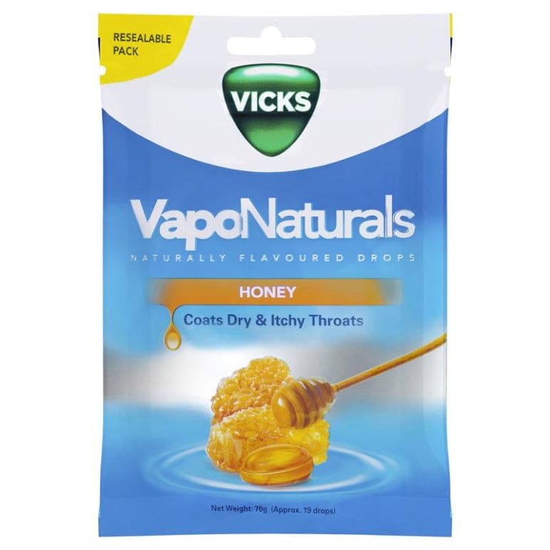 Vicks VapoNaturals Honey Throat Lozenges 19 Drops in Resealable Bag front image on Livehealthy HK imported from Australia