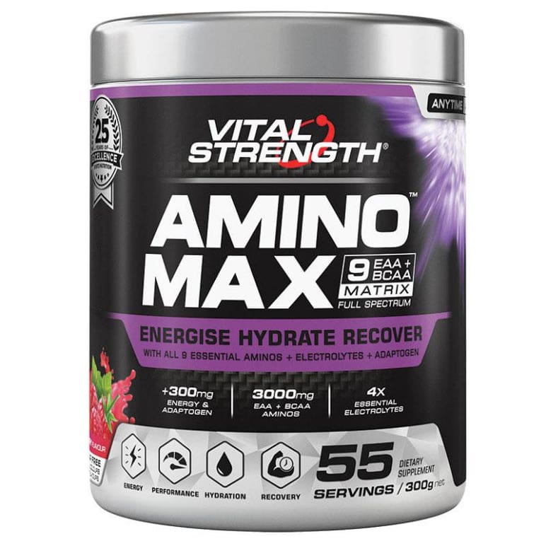 VitalStrength Amino Max EAA Raspberry 300g front image on Livehealthy HK imported from Australia