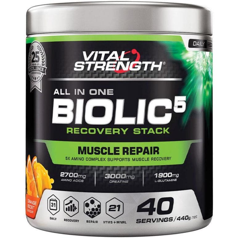 VitalStrength Biolic5 Recovery Once a day Formula Orange Boost 440g front image on Livehealthy HK imported from Australia