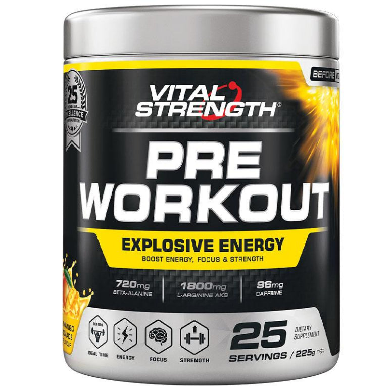 VitalStrength Pre Workout Powder Mango Lemonade 225g front image on Livehealthy HK imported from Australia