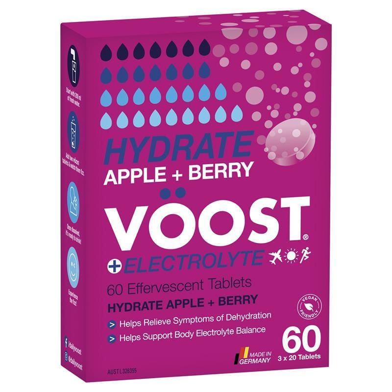 Voost Hydrate Apple + Berry Effervescent Tablets 60 Pack front image on Livehealthy HK imported from Australia