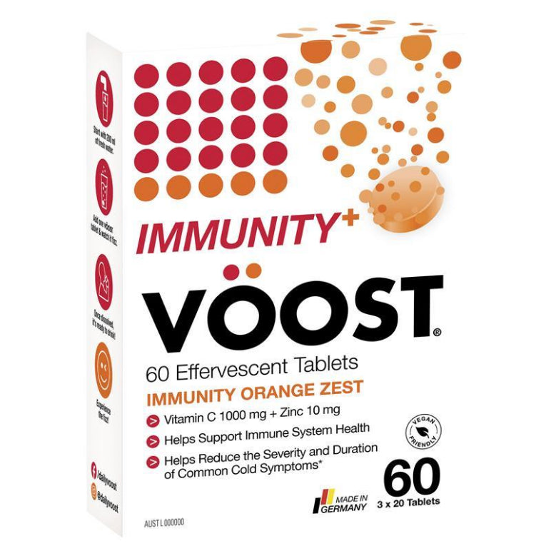 Voost Immunity Orange Zest Effervescent Tablets 60 Pack front image on Livehealthy HK imported from Australia