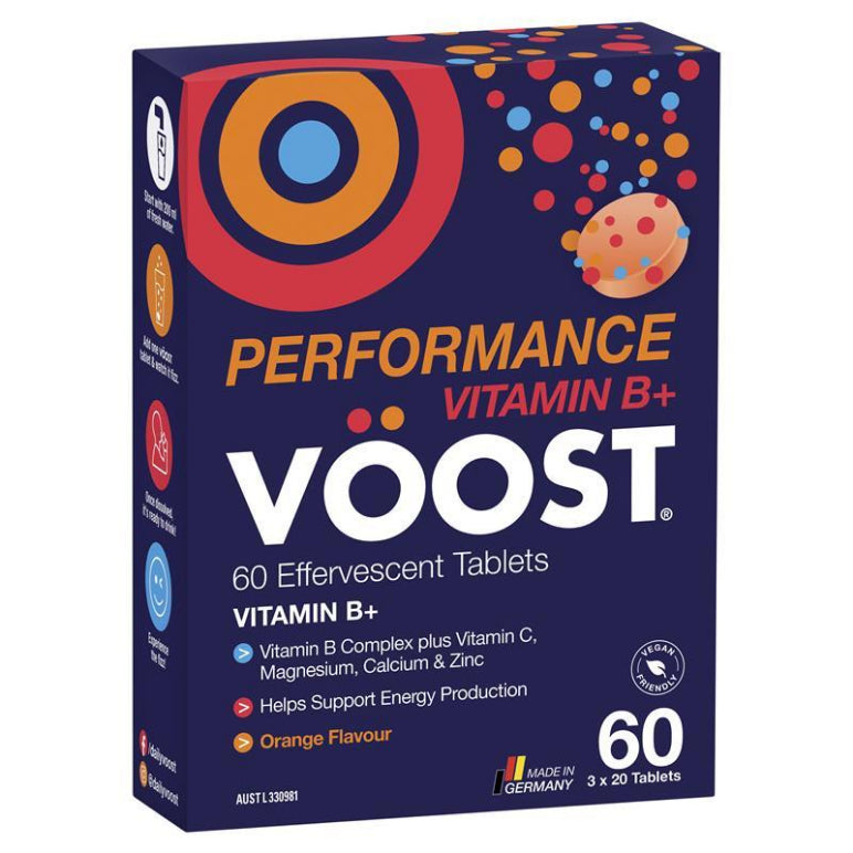 Voost Vitamin B+ Performance Effervescent 60 PackVoost Vitamin B+ Orange Performance Effervescent 60 Pack Exclusive Size front image on Livehealthy HK imported from Australia