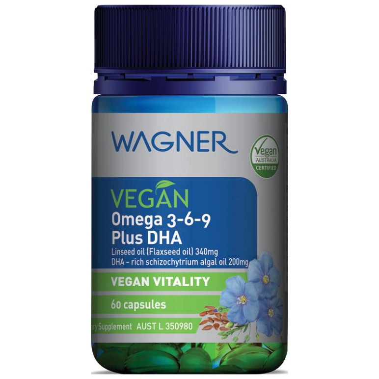 Wagner Vegan Omega 3-6-9 Plus DHA 60 Capsules front image on Livehealthy HK imported from Australia