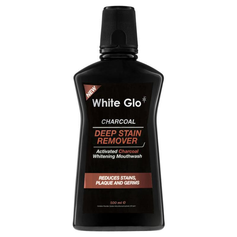 White Glo Charcoal Deep Stain Remover Mouthwash 500ml front image on Livehealthy HK imported from Australia