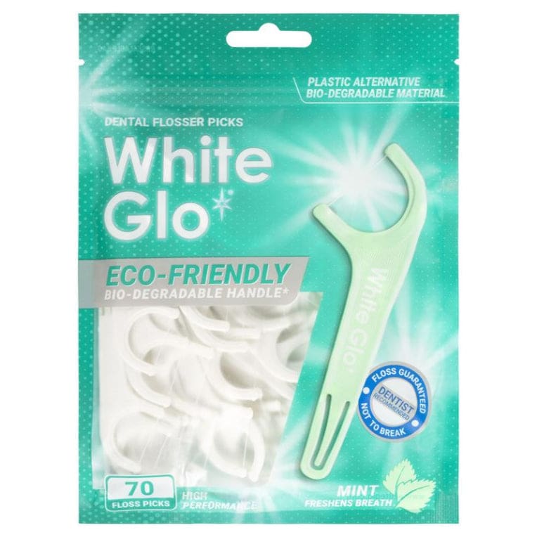 White Glo Flossers Eco Friendly Mint 70 Pack front image on Livehealthy HK imported from Australia