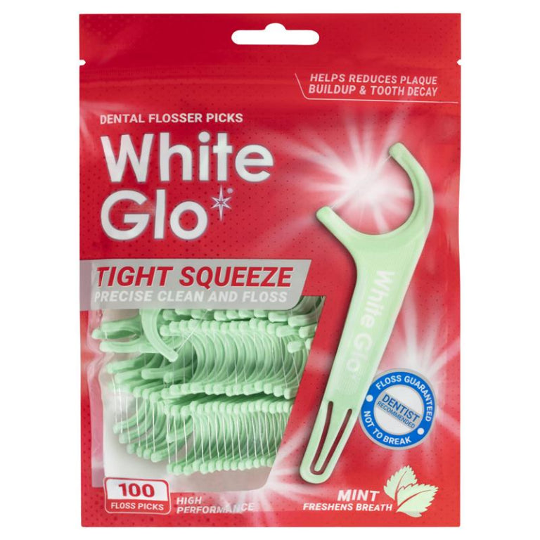 White Glo Flossers Tight Fit Mint 100 Pack front image on Livehealthy HK imported from Australia
