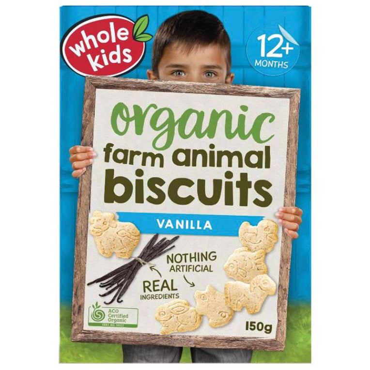 Whole Kids Farm Vanilla Animal Biscuits 150g front image on Livehealthy HK imported from Australia