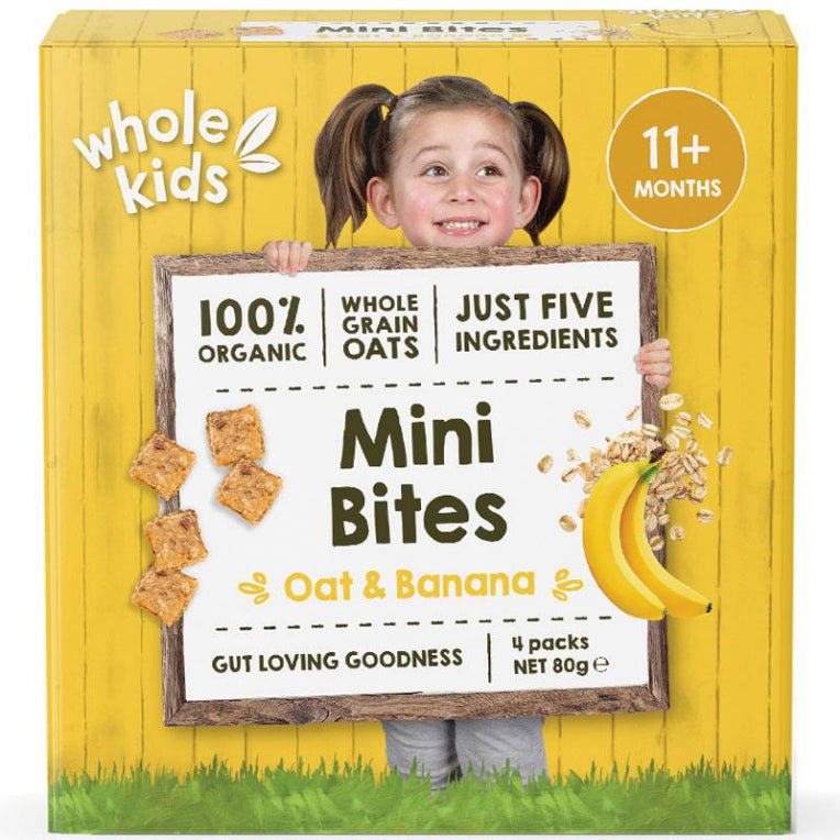 Whole Kids Organic Mini Bites Oat and Banana 4 Pack 80g front image on Livehealthy HK imported from Australia