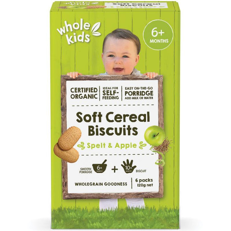 Whole Kids Organic Soft Cereal Biscuits Spelt & Apple 6 Pack 120g front image on Livehealthy HK imported from Australia